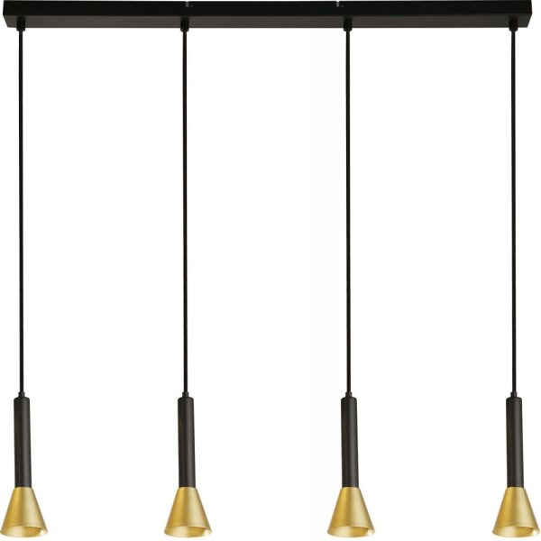 Signal modern 4 light bar pendant light in matt black and satin gold on white background lit