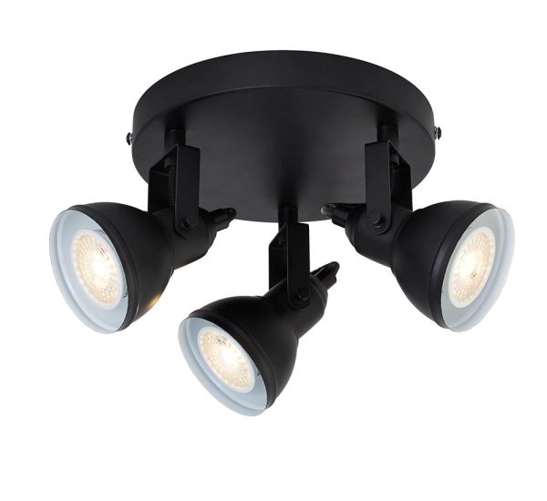 Focus Industrial Style 3 Lamp Round Ceiling Spot Light Plate Matt Black