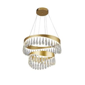 Jewel dimmable LED 2-tier ceiling pendant in satin gold with crystal glass drops main image