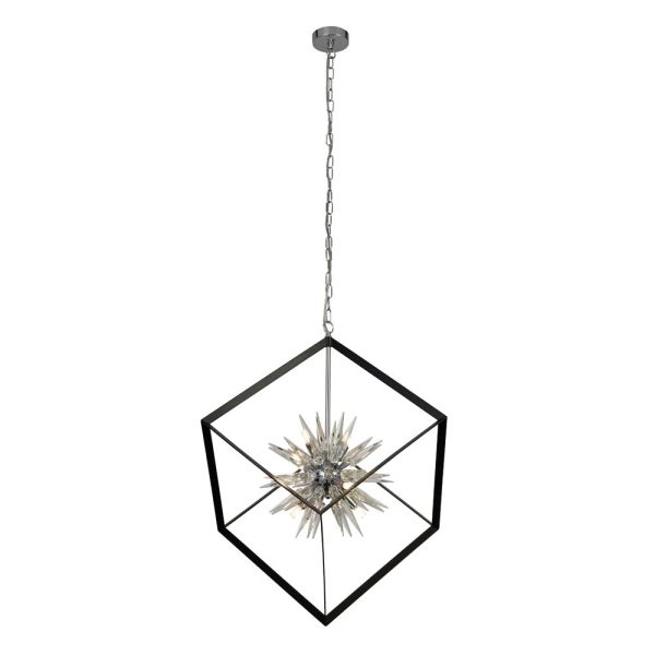 Stellar 6 light crystal icicles pendant lantern in chrome and matt black full height