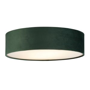 Flush 2 lamp 38cm green velvet drum low ceiling light with frosted diffuser main image