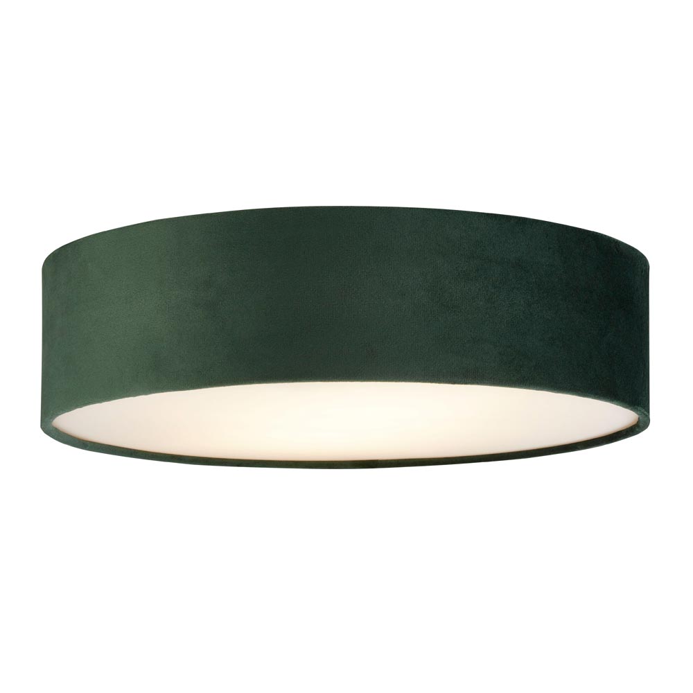 Flush Mount 2 Lamp 38cm Green Velvet Drum Low Ceiling Light Diffuser