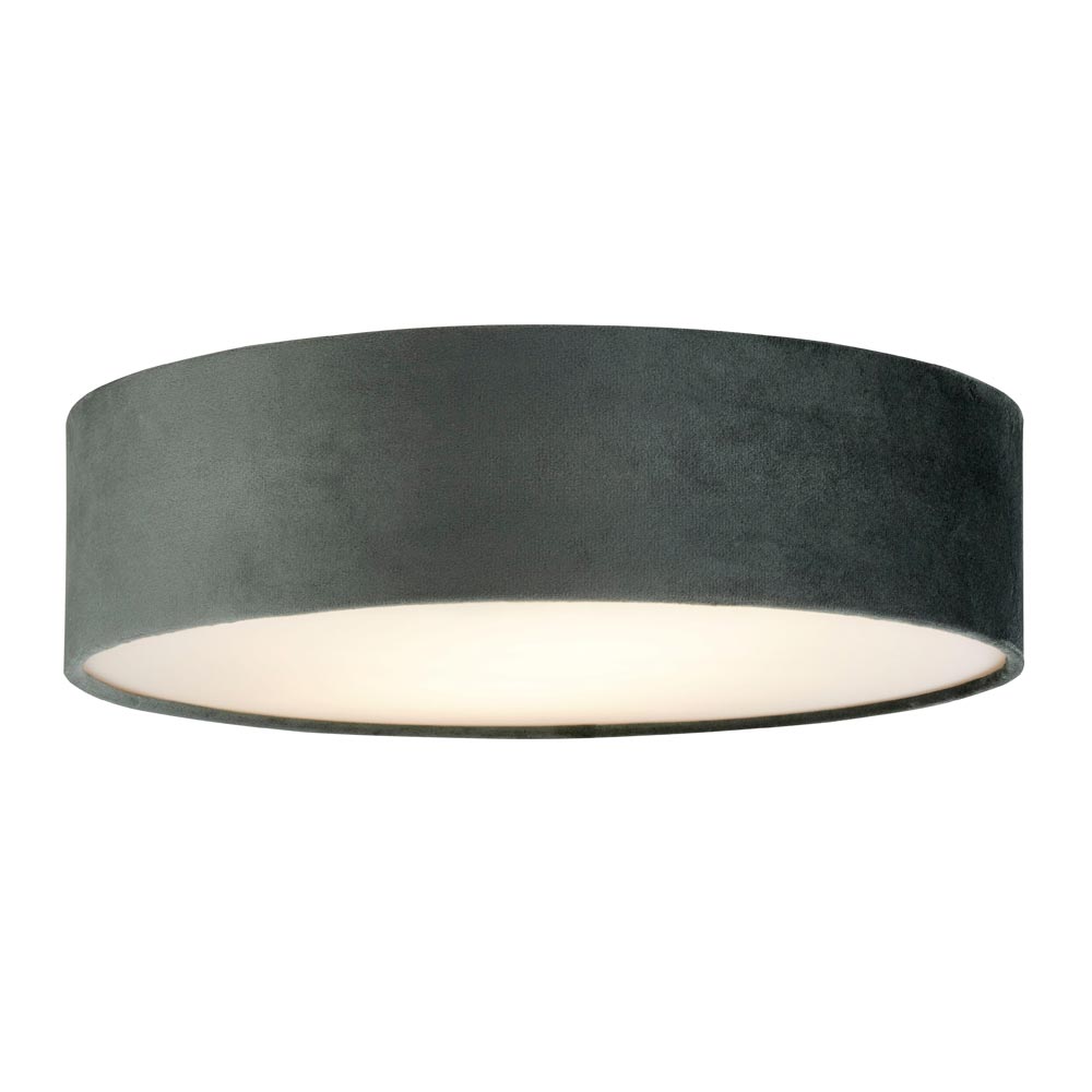 Flush Mount 2 Lamp 38cm Grey Velvet Drum Low Ceiling Light Diffuser