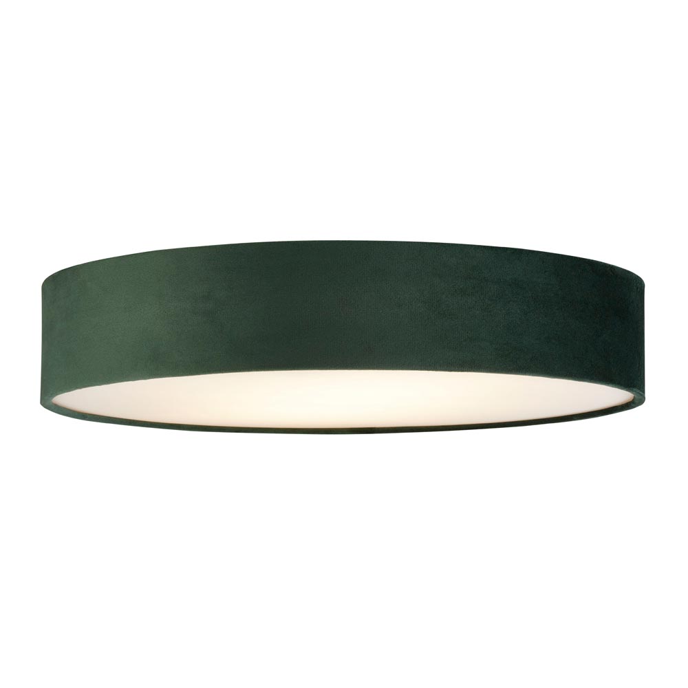 Flush Mount 3 Lamp 50cm Green Velvet Drum Low Ceiling Light Diffuser