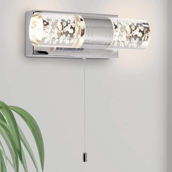 Switched 2 lamp LED bathroom wall mirror light in chrome with bubbles shade