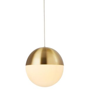 Searchlight modern satin brass single globe ceiling pendant opal glass closeup