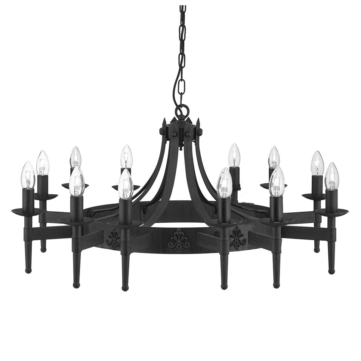 Large Cartwheel 12 Light Gothic Wrought Iron Chandelier Matt Black