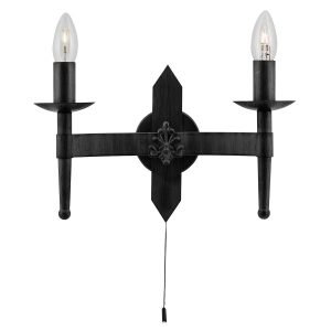 2422-2BK Cartwheel 2 lamp twin switched wrought iron wall light in matt black