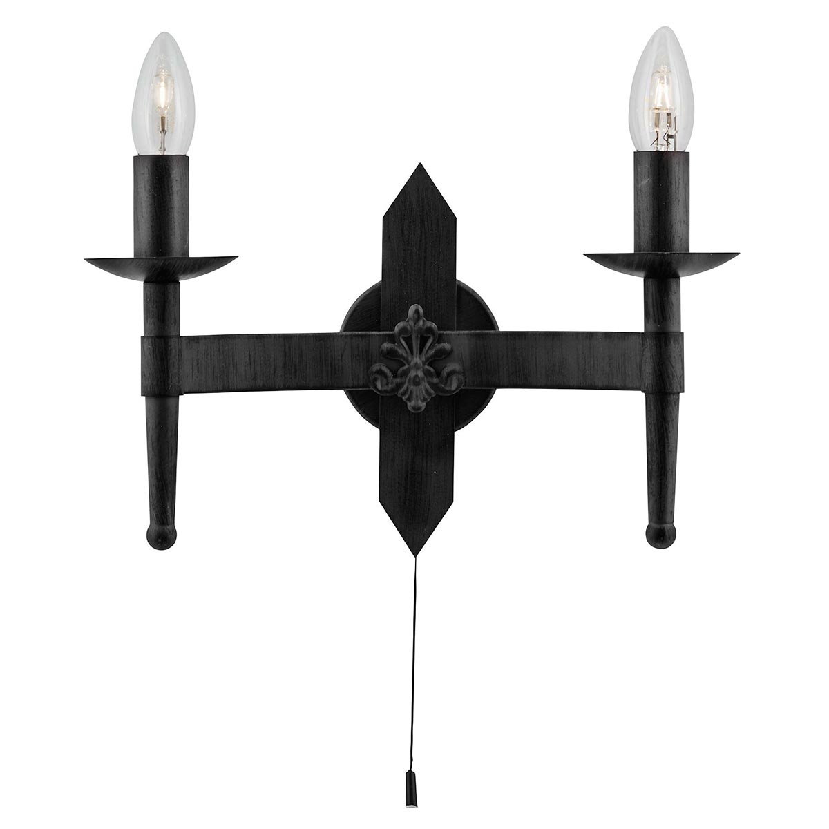 Cartwheel 2 Lamp Twin Switched Wrought Iron Wall Light Matt Black