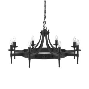 2428-8BK Cartwheel 8 light gothic wrought iron chandelier in matt black
