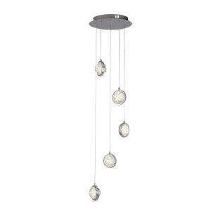 Quartz 5 light dimmable LED ceiling pendant in chrome with bubble glass shades main image