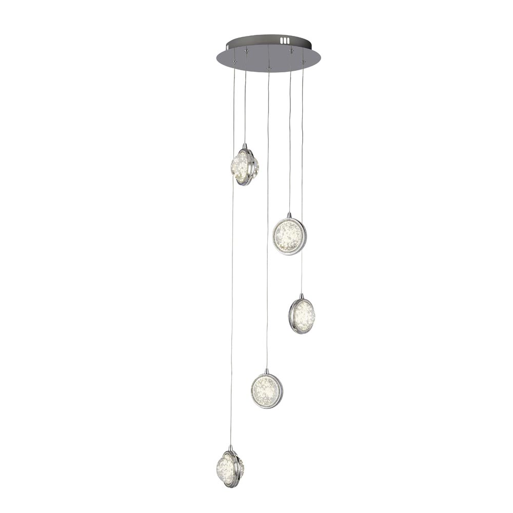 Quartz 5 Light Dimmable LED Multi Level Pendant Chrome Bubble Glass