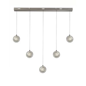 Quartz 5 light dimmable LED ceiling pendant bar in chrome with bubble glass shades main image