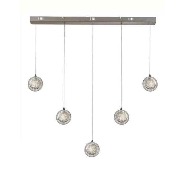 Quartz 5 light dimmable LED ceiling pendant bar in chrome with bubble glass shades main image