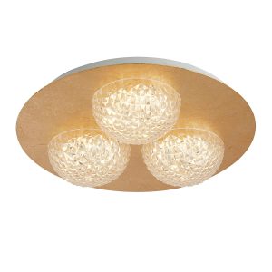 32511-3GO Round 3 light LED flush ceiling light in gold leaf with faceted acrylic shades