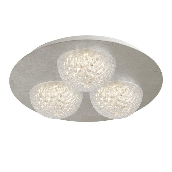 Round 3 Light LED Flush Ceiling Light Silver Leaf Faceted Acrylic Shades
