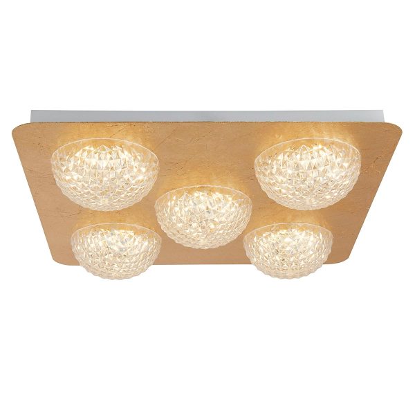 Square 5 Light LED Flush Ceiling Light Gold Leaf Faceted Acrylic Shades