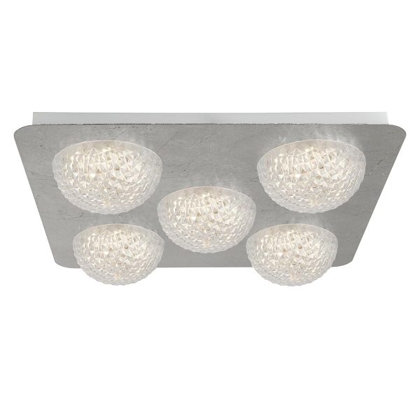 Square 5 Light LED Flush Ceiling Light Silver Leaf Faceted Acrylic Shades