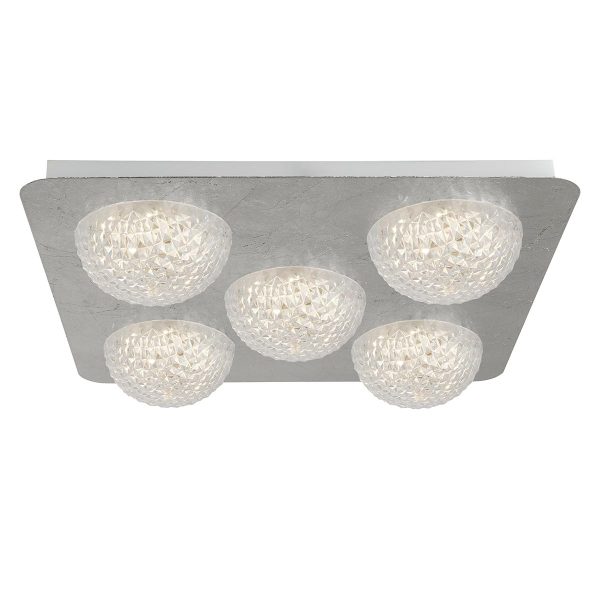 32511-5SI Square 5 light LED flush ceiling light in silver leaf with faceted acrylic shades