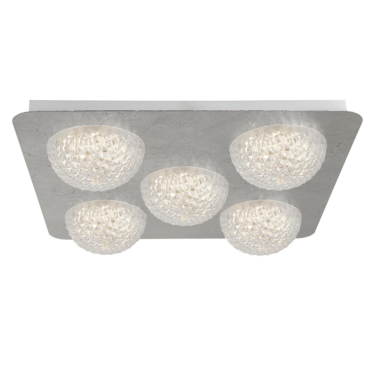 Square 5 Light LED Flush Ceiling Light Silver Leaf Faceted Acrylic Shades