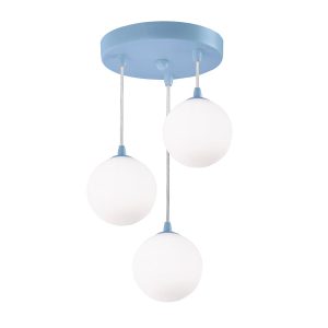 Kids bedroom blue 3 light multi level ceiling pendant with opal glass globes