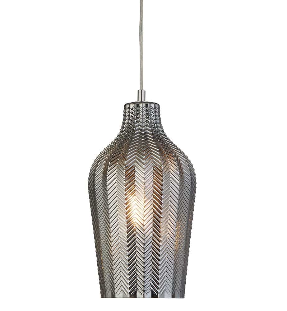 Chevron 1 Lamp Ribbed Smoked Glass Pendant Ceiling Light Chrome