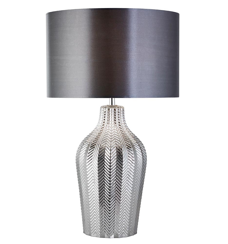 Chevron 1 Light Ribbed Smoked Glass Table Lamp Grey Faux Silk Shade