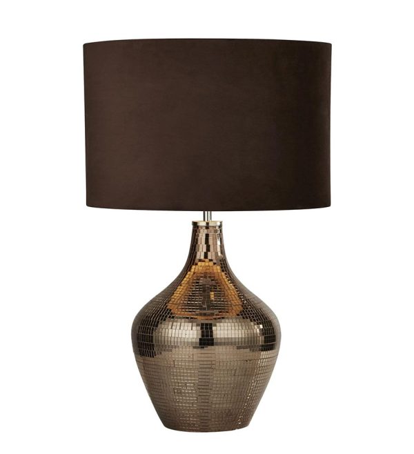 Searchlight 3847SM smoked mosaic table lamp with brown suede drum shade lit