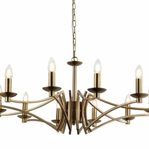 Searchlight 41312-12AB Ascot large geometric 12 arm chandelier in antique brass closeup