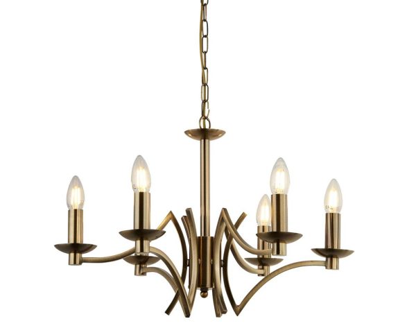 Searchlight 41312-6AB Ascot geometric 6 arm chandelier in antique brass closeup