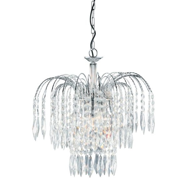 Waterfall crystal 3 lamp pendant ceiling light in polished chrome closeup