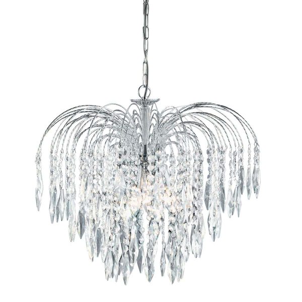 Waterfall Crystal Large 5 Lamp Pendant Ceiling Light Polished Chrome