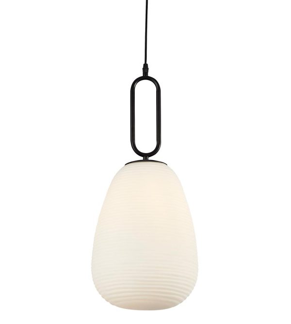 Searchlight 43581-1BK Elixir ribbed opal white glass pendant ceiling light in black closeup