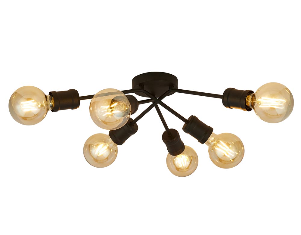 Dance Industrial Style 6 Lamp Bare Bulb Flush Ceiling Light Sand Black