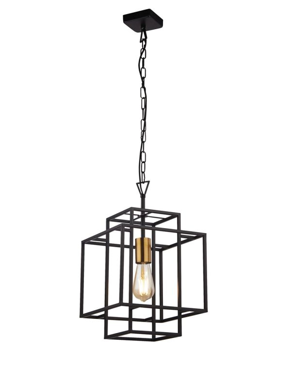 Searchlight 4631BK Crate 1 light ceiling pendant lantern in matt black full height