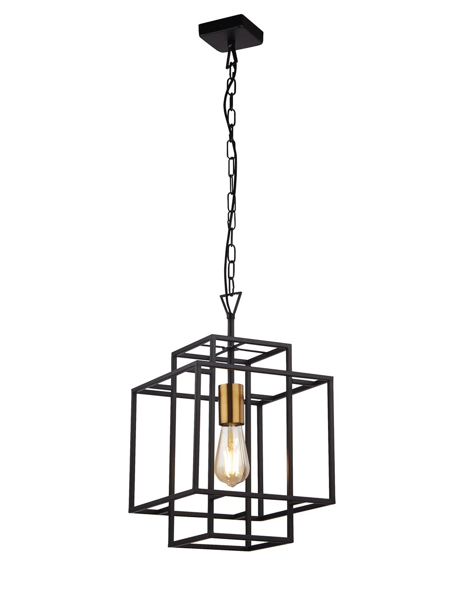 Crate 1 Light Open Frame Ceiling Pendant Lantern Matt Black & Bronze