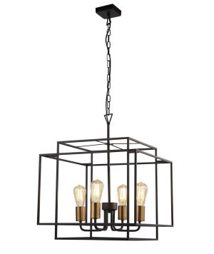 Searchlight 4634BK Crate 1 light ceiling pendant lantern in matt black full height