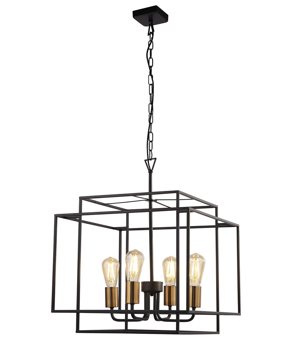 Crate 4 Light Open Frame Ceiling Pendant Lantern Matt Black & Bronze