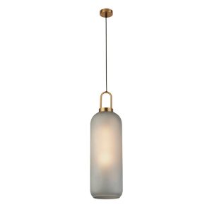 Pipette single pendant ceiling light in satin brass with acid glass full height