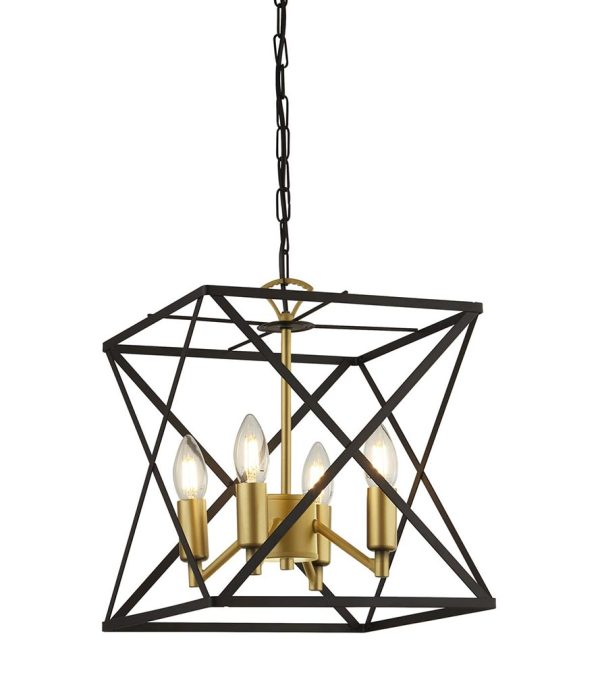 Searchlight Hexa 4 light ceiling pendant in black & gold closeup