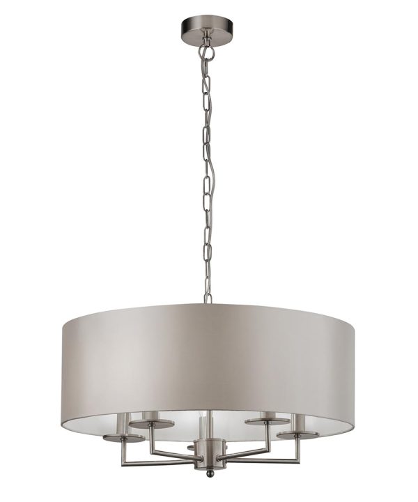 Knightsbridge Classic 5 Light Ceiling Pendant Satin Silver Faux Silk Shade