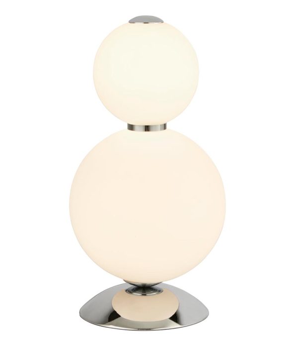 Snowball 2 light LED table lamp in chrome with opal white glass shades
