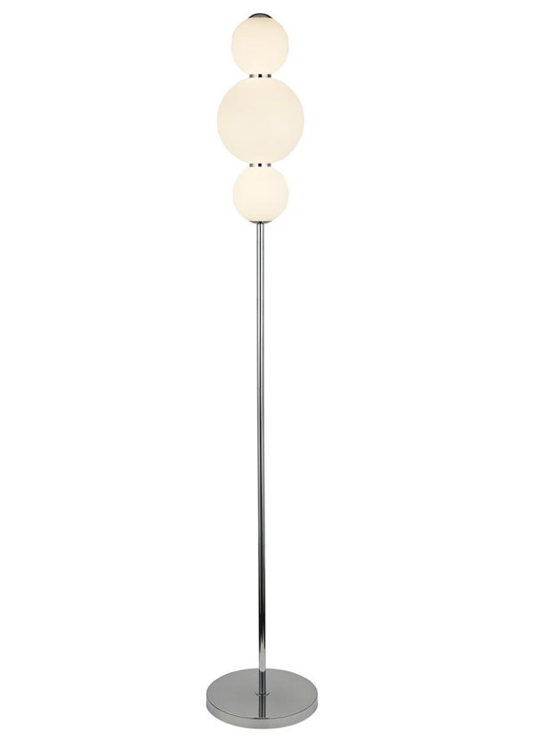 Snowball 3 light LED floor lamp in chrome with opal white glass shades full height