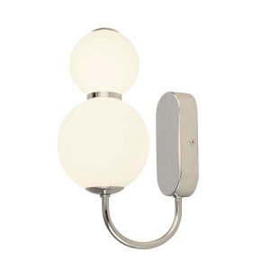Snowball 2 lamp LED wall light in chrome with opal white glass shades