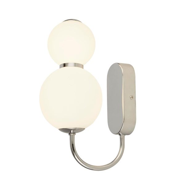 Snowball 2 lamp LED wall light in chrome with opal white glass shades