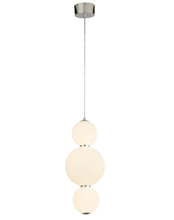 Snowball 3 light LED pendant in chrome with opal white glass shades full height