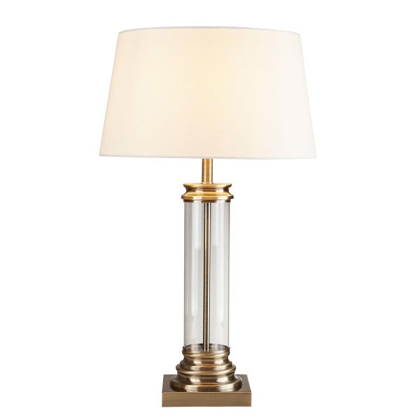 Pedestal 1 light glass column table lamp with white shade in antique brass main image