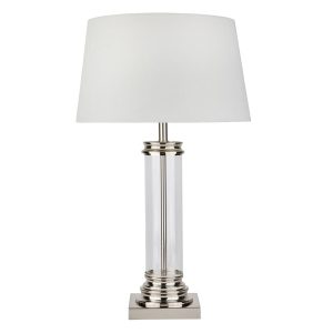Pedestal 1 light glass column table lamp with white shade in satin silver main image