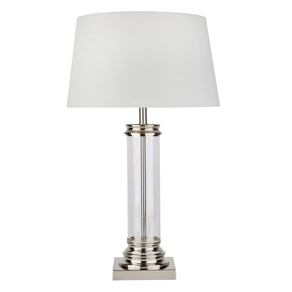 Pedestal 1 Light Glass Column Table Lamp Cream Shade Satin Silver