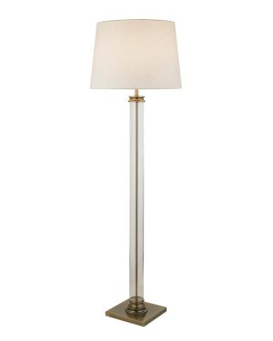 Pedestal 1 light glass column floor lamp with white shade in antique brass main image
